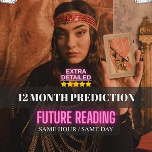 May include: An image promoting a future reading service. The image features a person holding a tarot card, with text overlayed that reads "12 MONTH PREDICTION" and "FUTURE READING". The background is a warm, reddish-brown color.