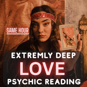 May include: A person wearing a red sequined headband and gold chains holds a tarot card. Text on the image reads: SAME HOUR, EXTREMELY DEEP LOVE, PSYCHIC READING. The person has long dark hair and is positioned in front of a warm-toned background.