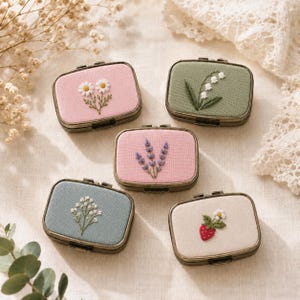 Hand Embroidered Pill Box, Linen Pocket Pill Case, Travel Medicine Organizer, Gift for Her