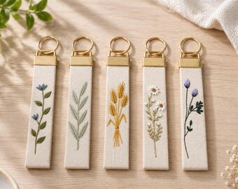 Hand Embroidered Floral Keychain, Linen Fabric Key Fob, Minimalist Botanical Keychain, Graduation gifts