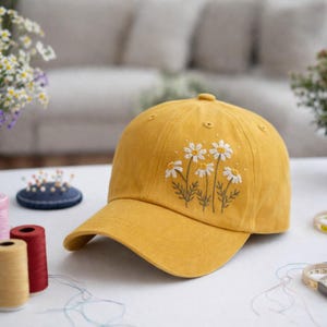 Hand Embroidered Floral Baseball Cap, Flower Cap, Custom Handmade Hat, Cottagecore Gift for Her