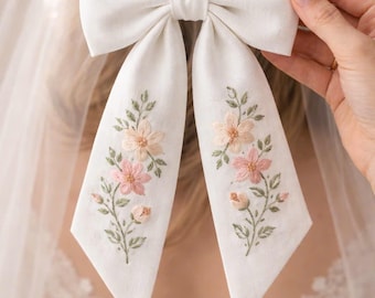 Hand Embroidered Wedding Hair Bow, Personalized Bridal Flowers Embroidery, Custom Name & Date