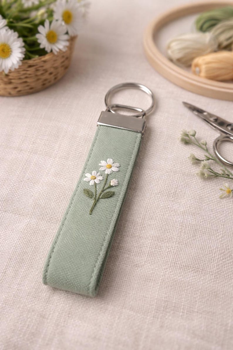 May include: A sage green fabric keychain featuring an embroidered design of two white daisies with yellow centers and green stems. The rectangular fabric strap is attached to a silver-toned metal split ring by a matching silver-toned metal clamp.