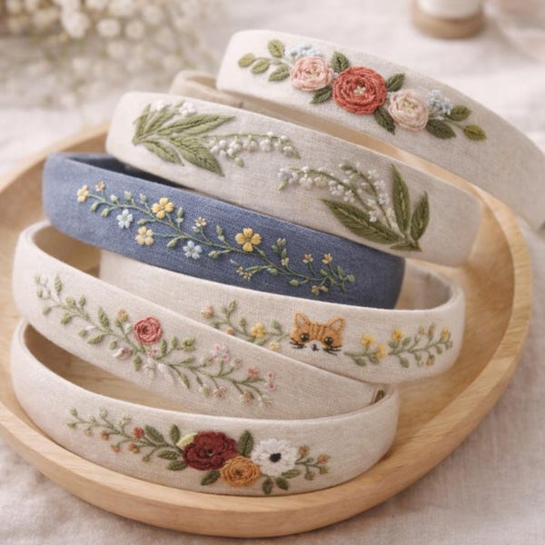 Handmade Embroidered Linen Headband – Floral & Whimsical Design Collection, Gift For Her