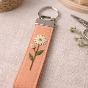 Hand Embroidered Floral Keychain, Linen Fabric Key Fob, Minimalist Botanical Keychain, Gift for Her 8