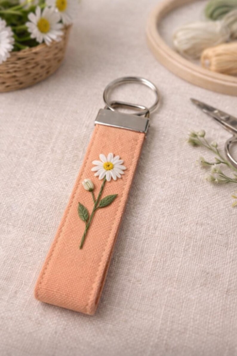 Hand Embroidered Floral Keychain, Linen Fabric Key Fob, Minimalist Botanical Keychain, Gift for Her 8