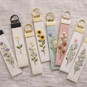 Hand Embroidered Floral Keychain, Linen Fabric Key Fob, Minimalist Botanical Keychain, Gift for Her image 1