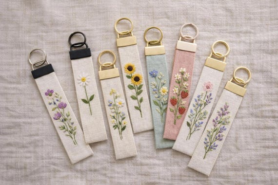 Hand Embroidered Floral Keychain, Linen Fabric Key Fob, Minimalist Botanical Keychain, Gift for Her