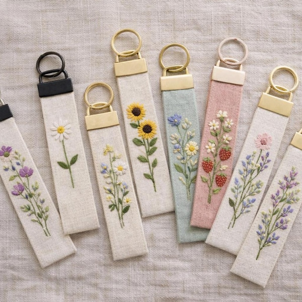 Hand Embroidered Floral Keychain, Linen Fabric Key Fob, Minimalist Botanical Keychain, Gift for Her
