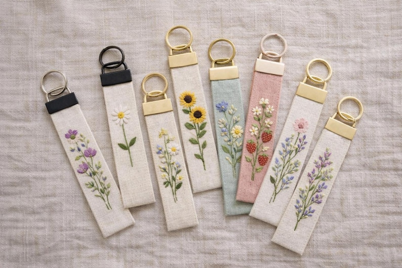 Hand Embroidered Floral Keychain, Linen Fabric Key Fob, Minimalist Botanical Keychain, Gift for Her image 1