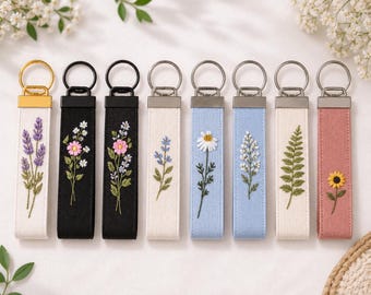 Custom Hand Embroidered Floral Keychain, Linen Fabric Key Fob, Botanical Bag Charm