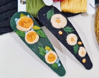 Handmade Floral Embroidered Hair Clips | Cottagecore Linen Barrettes (Set of 2)