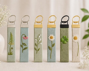 Hand-embroidered botanical keychains, Linen Fabric Key Fob, Minimalist Botanical Keychain, Graduation gifts