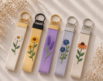 Floral Embroidery Keychain, Handmade Linen Key Fob Wristlet, Daisy, Lavender & Sunflower, Graduation gifts