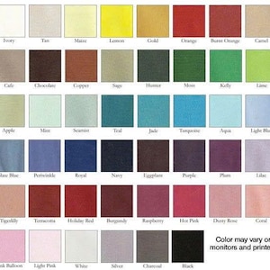 May include: A color chart featuring forty-eight square fabric swatches arranged in a grid. Each square displays a distinct solid color with a corresponding label underneath, including shades of white, yellow, orange, red, green, blue, and black.