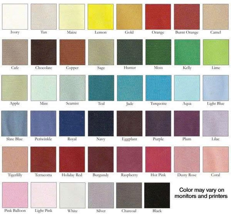 May include: A color chart featuring forty-eight square fabric swatches arranged in a grid. Each square displays a distinct solid color with a corresponding label underneath, including shades of white, yellow, orange, red, green, blue, and black.