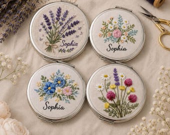 Hand Embroidered Flower Mirror, Handmade Floral Pocket Mirror, Custom Name & Date, Gift for Women