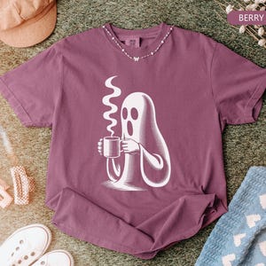 Comfort Colors® Halloween Ghost Coffee T-Shirt, Spooky Season Shirt, Fall Halloween Tee, Cute Ghost Shirt, Coffee Lover Gift