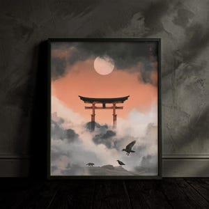 Dark Japandi Wall Art | Torii Gate in Sea of Clouds Print | Japanese Shrine Folklore Decor | Zen Gothic Wall Decor | Digital Download