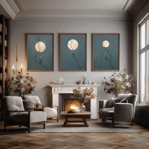 Japandi Wall Art Set of 3 | Slate Blue Fox Moon Prints | Wabi Sabi Zen Gallery Wall Set | Neutral Bedroom Decor | Digital Download