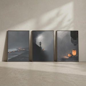 Japandi Wall Art Set of 3 | Pumpkin Lantern Prints | Wabi Sabi Dark Halloween Gallery Wall Set | Moody Autumn Decor | Digital Download