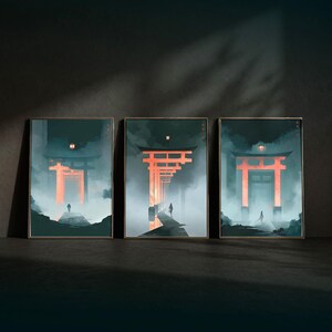 Japandi Wall Art Set of 3 | Vermilion Torii Gate Prints | Dark Japandi Sacred Gallery Wall Set | Spooky Bedroom Decor | Digital Download