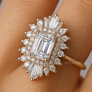 2.00 CT Emerald Cut Moissanite Engagement Ring, Starburst Art Deco Ring, Halo Wedding Ring , 14k Gold Anniversary Ring For Her