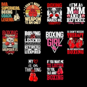 Könnte beinhalten: Eine Sammlung von Box-Themen-Grafikdesigns auf schwarzem Hintergrund. Die Designs zeigen Boxhandschuhe und Texte wie "Boxing Legend", "I Don't Need a Weapon" und "Boxing Girl". Die Farbpalette umfasst Rot, Weiß und Schwarz.