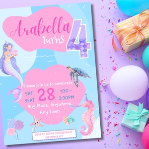 Mermaid 4th Birthday Invitation – Editable Under the Sea Party Template, Digital Download for Girls