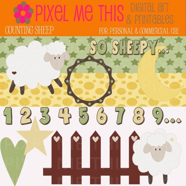 Counting Sheep Digital Clipart Set (Personal and Commercial Use)