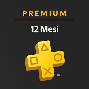 May include: A black digital graphic featuring the yellow text PREMIUM above the white text 12 Mesi. Below this, a three-dimensional yellow plus-shaped icon displays the PlayStation controller symbols: a triangle, circle, cross, and square.