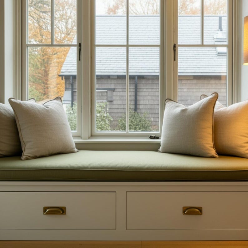 May include: A window seat with a green cushion and four beige pillows. The window frame is white, and the seat has two drawers with brass handles. The background shows a house and trees.