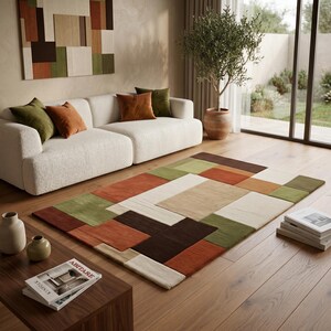 Hand Tufted Wool Area Rug Modern Patchwork Geometric Design Minimalist Living Room Bedroom Handmade Premium Soft Luxury Carpet Decor
