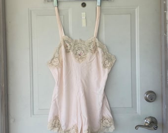 Vintage Pale Pink Teddy Bodysuit Striped Lingerie Floral Lace Size S M