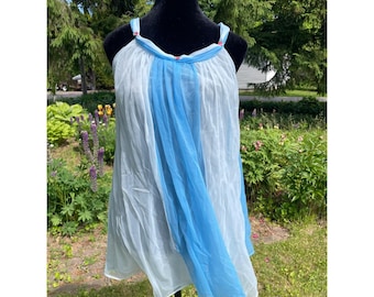 Vintage 60s 70s ? Babydoll Lingerie Dress Blue Sheer Mesh Rosebud Women's 36 Medium