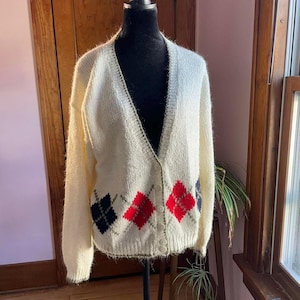 Vintage 80s Women’s Argyle Cardigan Sweater – Preppy Grandpa Grandma Knit Academia Old Money Style (L)
