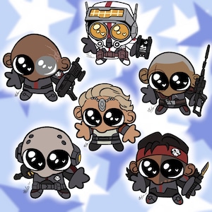 Pode incluir: Ilustração de sete personagens de desenhos animados com olhos grandes, cada um com uma roupa única e segurando armas. Os personagens são de várias cores, incluindo cinza, marrom e branco, em um fundo azul com formas de estrelas brancas.