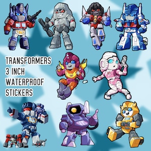 May include: A collection of nine cartoon-style Transformers characters in various poses. The stickers are 3 inches (7.6 cm) tall and waterproof. The image includes Optimus Prime, Megatron, Starscream, and Bumblebee, among others, in vibrant colors.