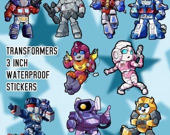May include: A collection of nine cartoon-style Transformers characters in various poses. The stickers are 3 inches (7.6 cm) tall and waterproof. The image includes Optimus Prime, Megatron, Starscream, and Bumblebee, among others, in vibrant colors.