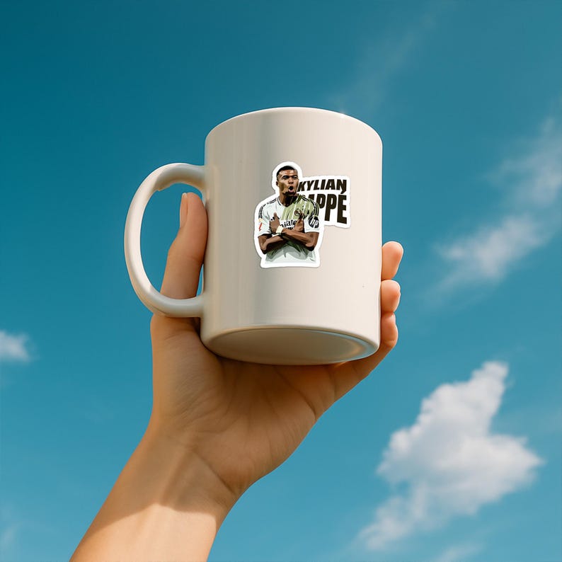 May include: A white ceramic mug featuring a sticker of Kylian Mbappe with the text "KYLIAN MBAPPE". The mug is held against a blue sky background.