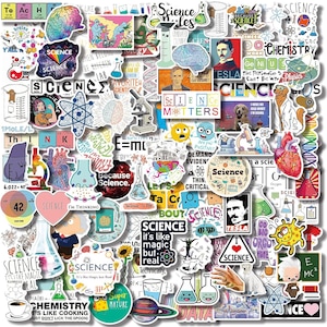 May include: A collection of science-themed stickers with various designs. The stickers feature images of brains, beakers, scientific formulas, and the word "Science" in different fonts. Some stickers include text like "Science Matters" and "Because Science."