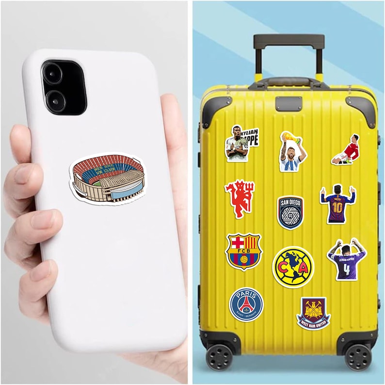 May include: A white phone case with a sticker of a stadium and a yellow suitcase covered in soccer team stickers. The suitcase has a retractable handle and wheels. Stickers include team logos and player images.