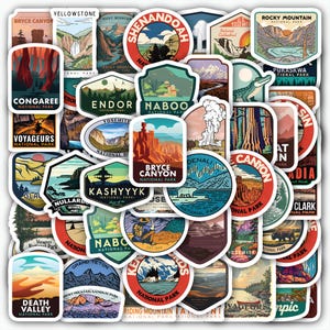 May include: A collection of colorful stickers featuring national park designs. The stickers showcase various landscapes, including mountains, canyons, and waterfalls. Each sticker has a unique shape and design, with text indicating the park name.