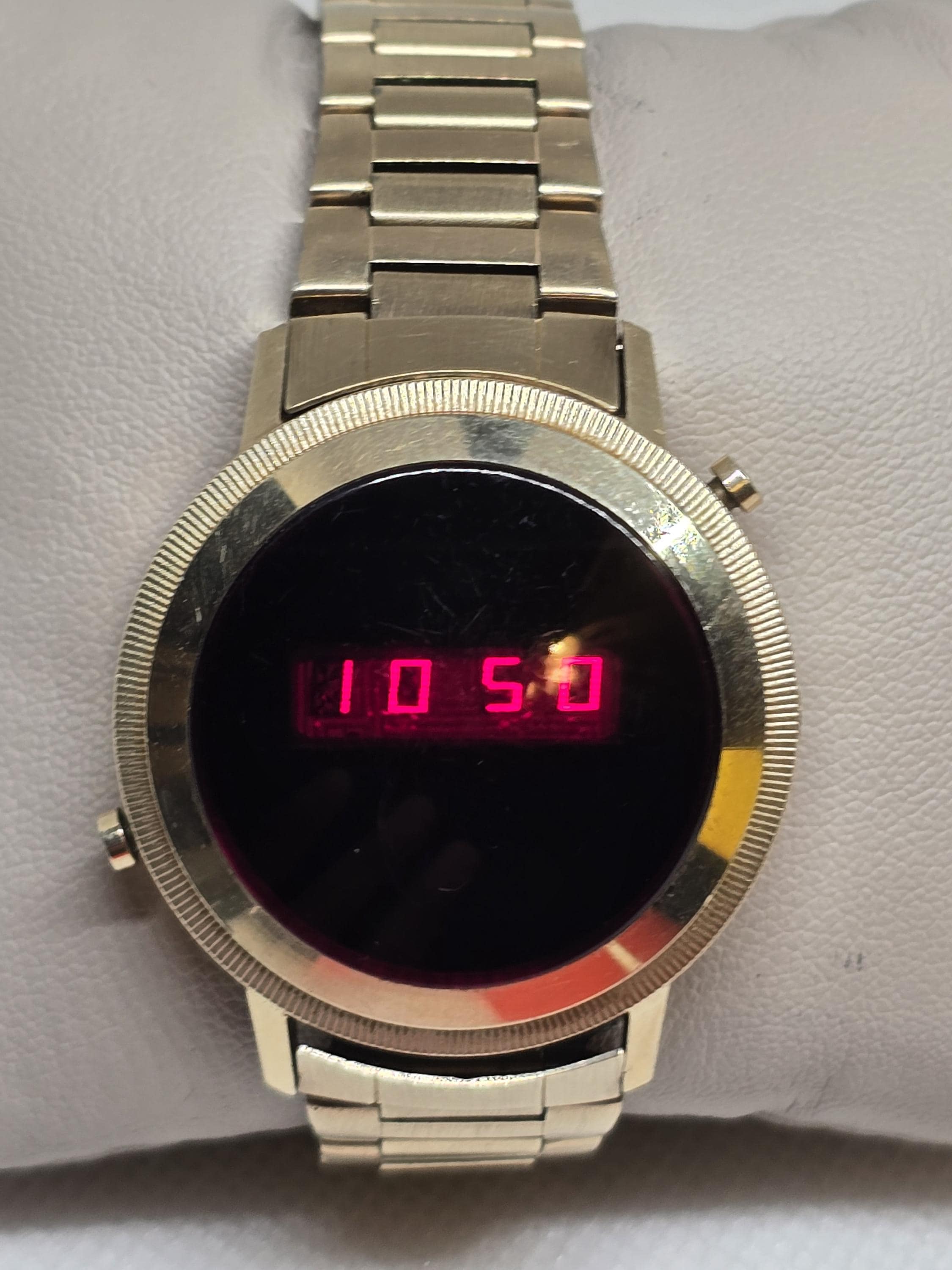 Vintage 1970s HH Digital LED Watch • 10K Gold-filled Bezel • Red