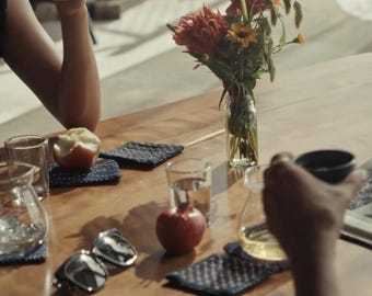 A Pair of Hand-stitched Sashiko Denim Coasters - Japanese Embroidery, Denim Fabric, Stitching