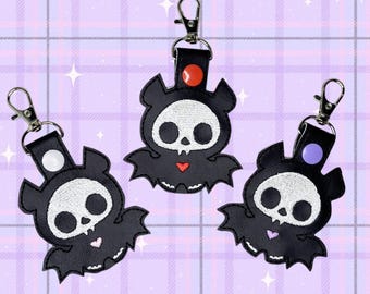 Skeleton Bat Keychain: Embroidered Marine Vinyl Goth Accessories