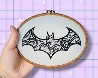 Lace bat on gray cotton embroidery hoop wall decor