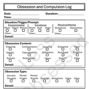 Könnte beinhalten: Ein schwarz-weißes Obsessions- und Zwangsprotokoll. Das Formular enthält Abschnitte für Datum, Uhrzeit, Auslöser, Inhaltsbesessenheit, Obsessionstyp, Zwang und Stresslevel. Das Formular dient zur Verfolgung und zum Management von Zwangsstörungen.
