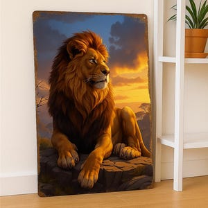 Vintage Lion Metal Wall Art - 20x30 cm Tin Sign - Savannah Sunset Indoor/Outdoor Wall Decor