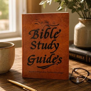 Peut inclure: Un livre marron "Bible Study Guide's" avec des lettres noires et un motif de croix. Le livre est sur une table en bois avec un stylo doré, une tasse et des lunettes. Un vase avec de la verdure est en arrière-plan.